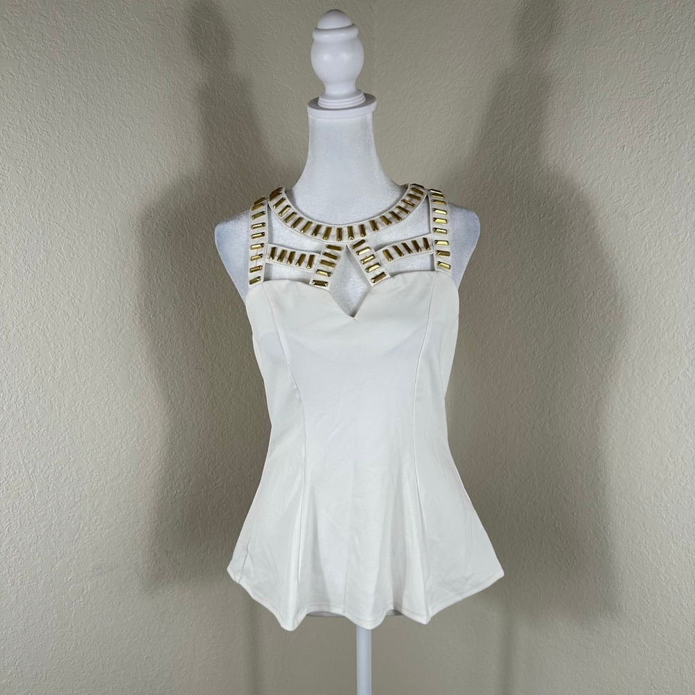 Lulumari Peplum Top Womens Small White Studded Cutout Glam Bikercore Edgy